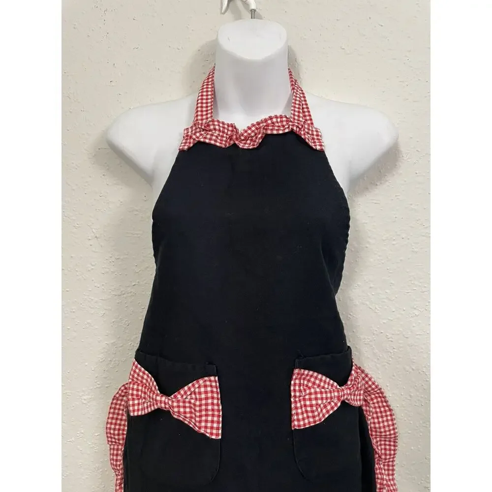 Princess Bib Apron Smock Plaid Frill Bow Pockets Maid Waitress Work